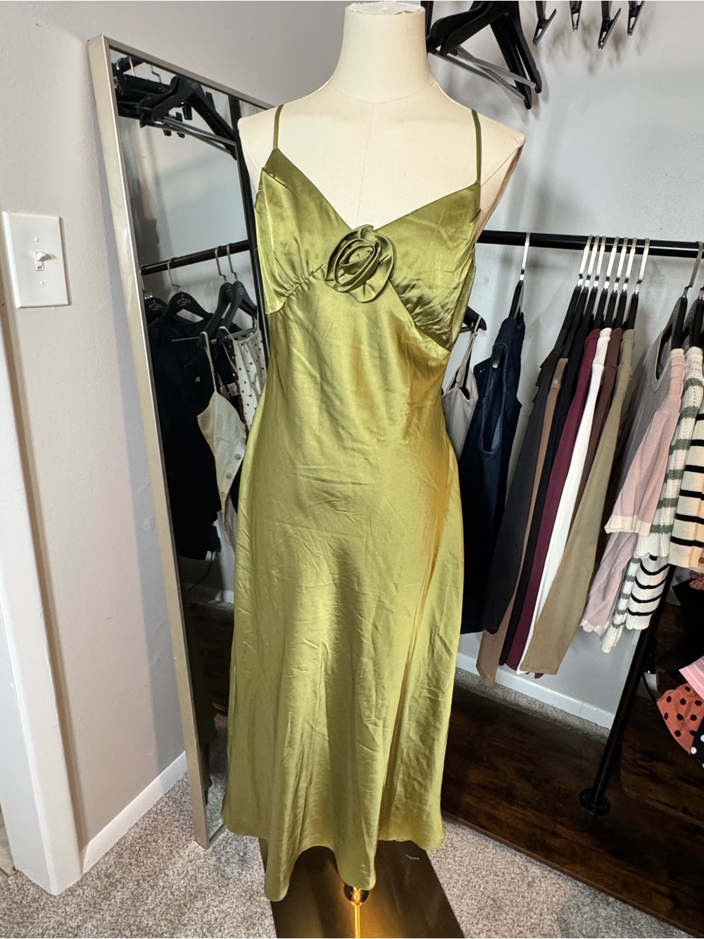 Olive Satin Slip Maxi Dress with Ring Detail